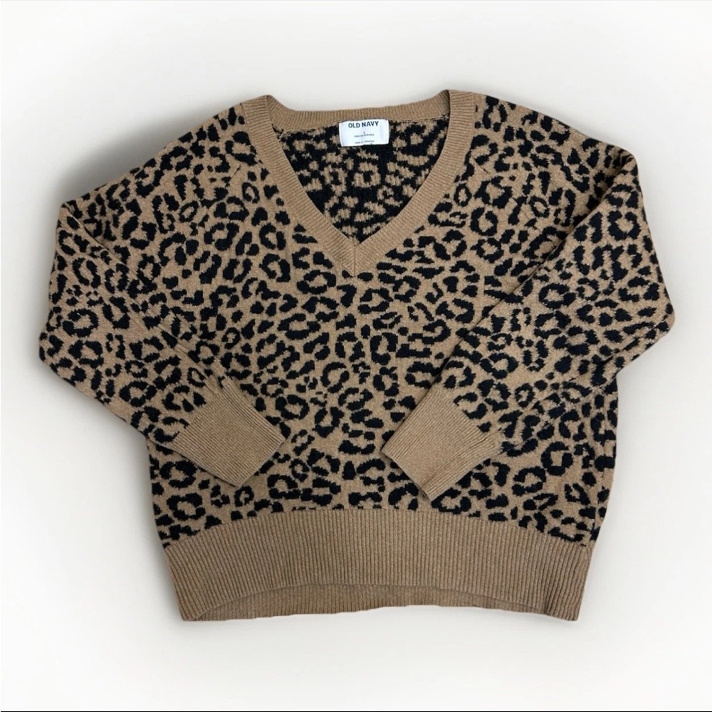 Old Navy Leopard Print V-Neck Sweater Small Brown Black Animal Print Knit Cozy